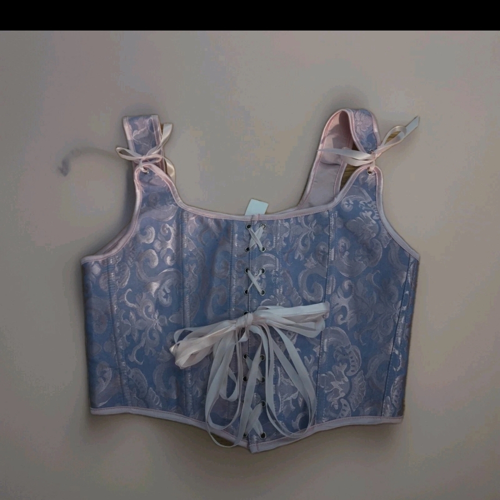 Pink and Purple Sleeveless Bustier Blouse with Tie Front